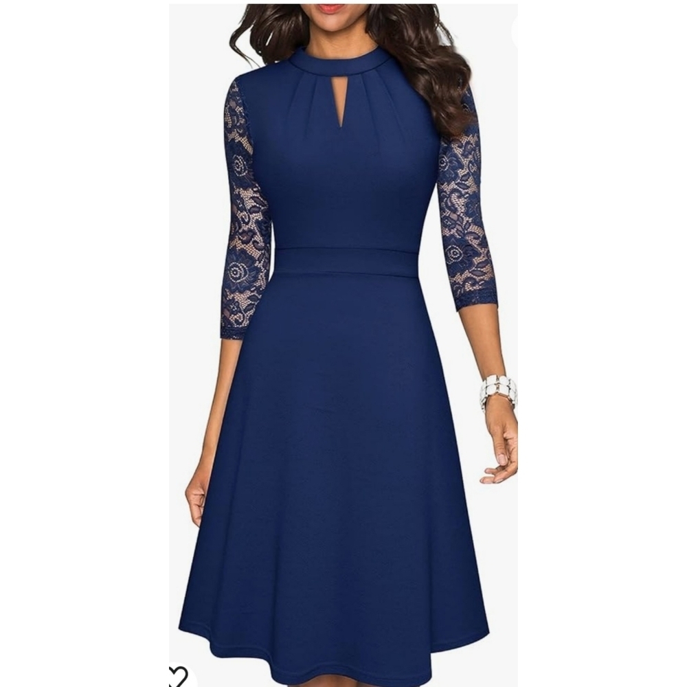 Homeyee Lace Sleeve Vintage style dress Navy Size S